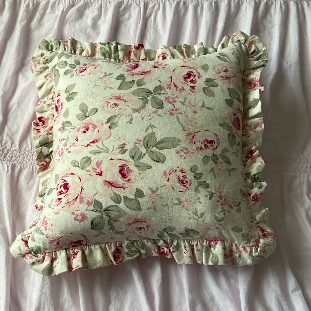 Simply Shabby Chic Rosalie Linen Blend Floral Roses Pillow Cover Pair Cream Pink - Picture 5 of 16